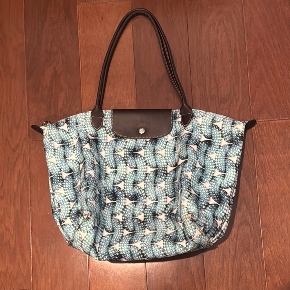 Longchamp Blue and Black Tote Bag le pliage bag foldable with leather straps